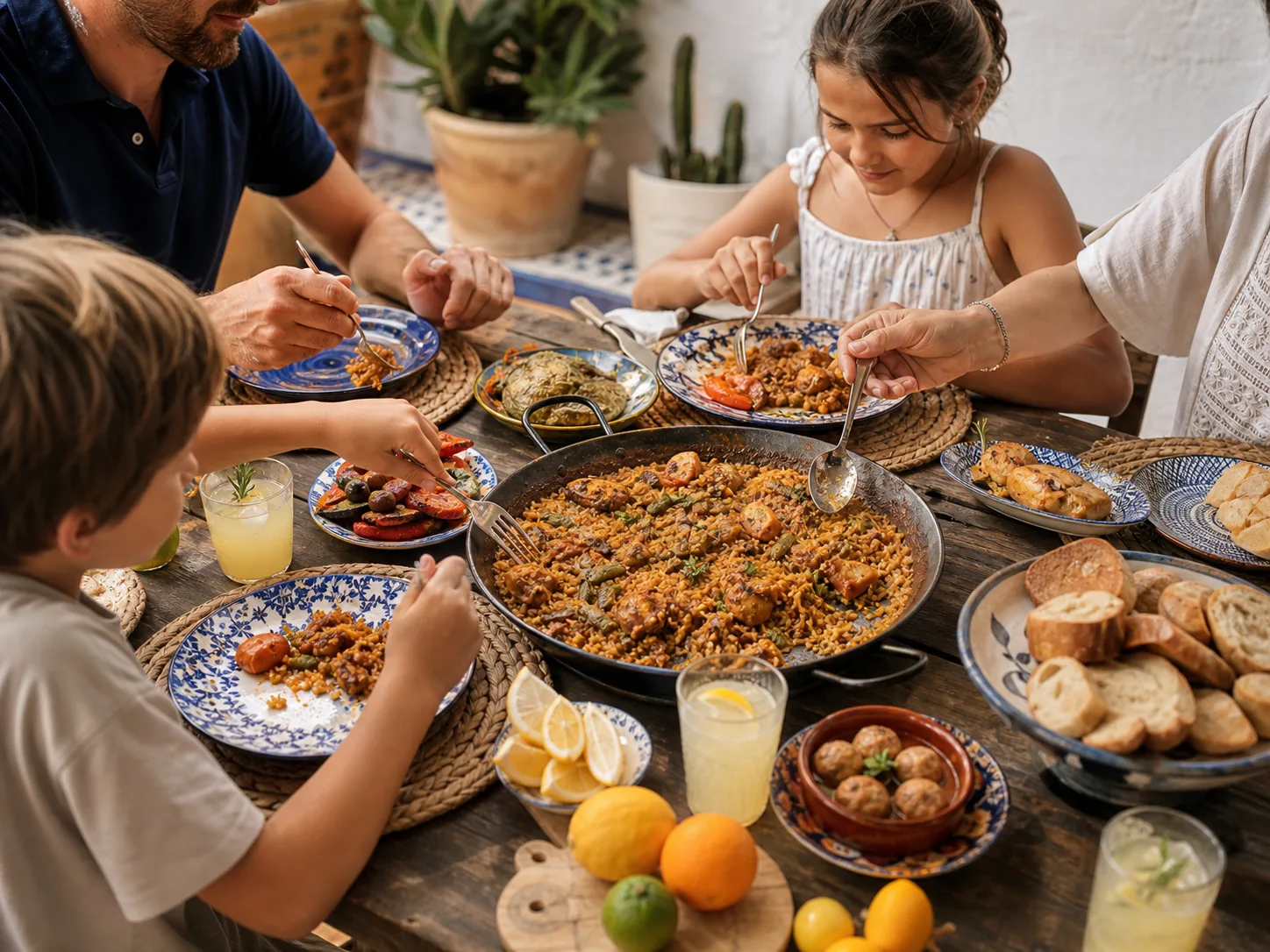 A family sharing local Costa Blanca food on a Mediterranean terrace