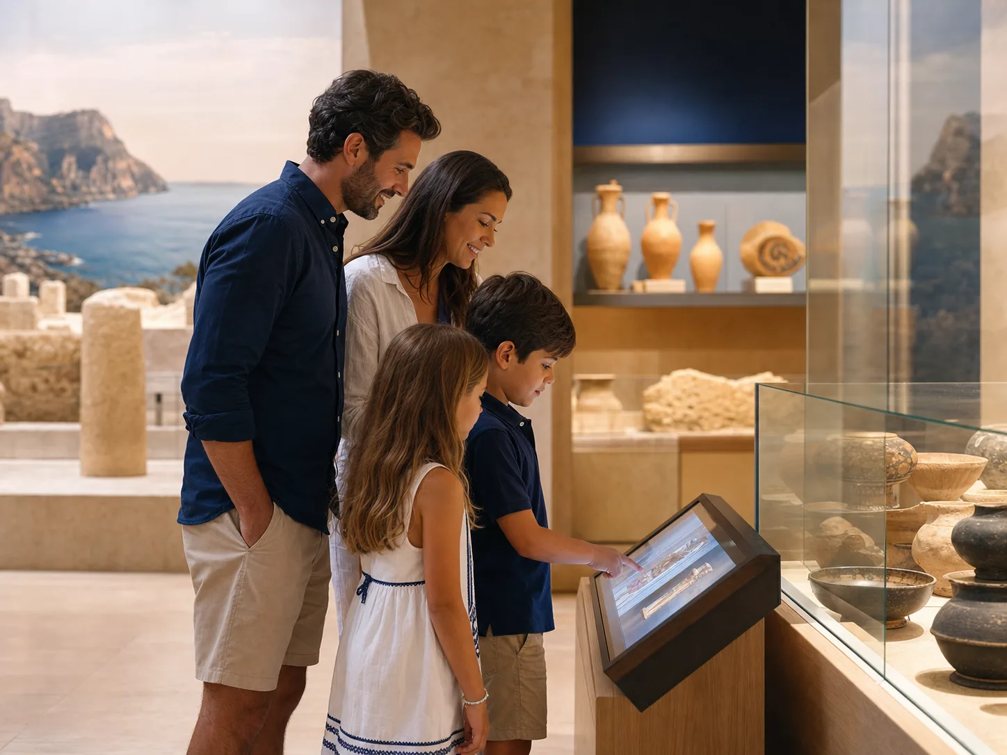 A family exploring a Mediterranean archaeology museum